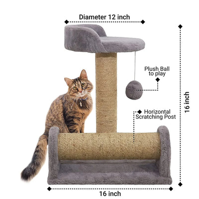 Jute & fabric cat scratching post tower with a seat & Toy Actity toy for sleeping cats