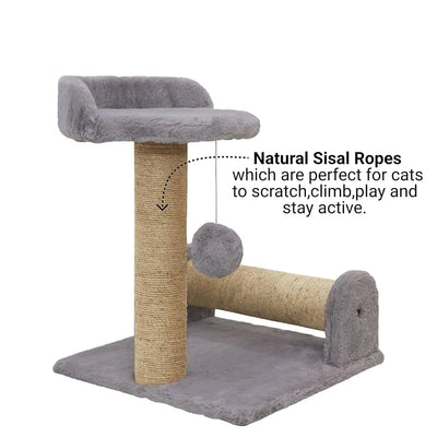 Jute & fabric cat scratching post tower with a seat & Toy Actity toy for sleeping cats